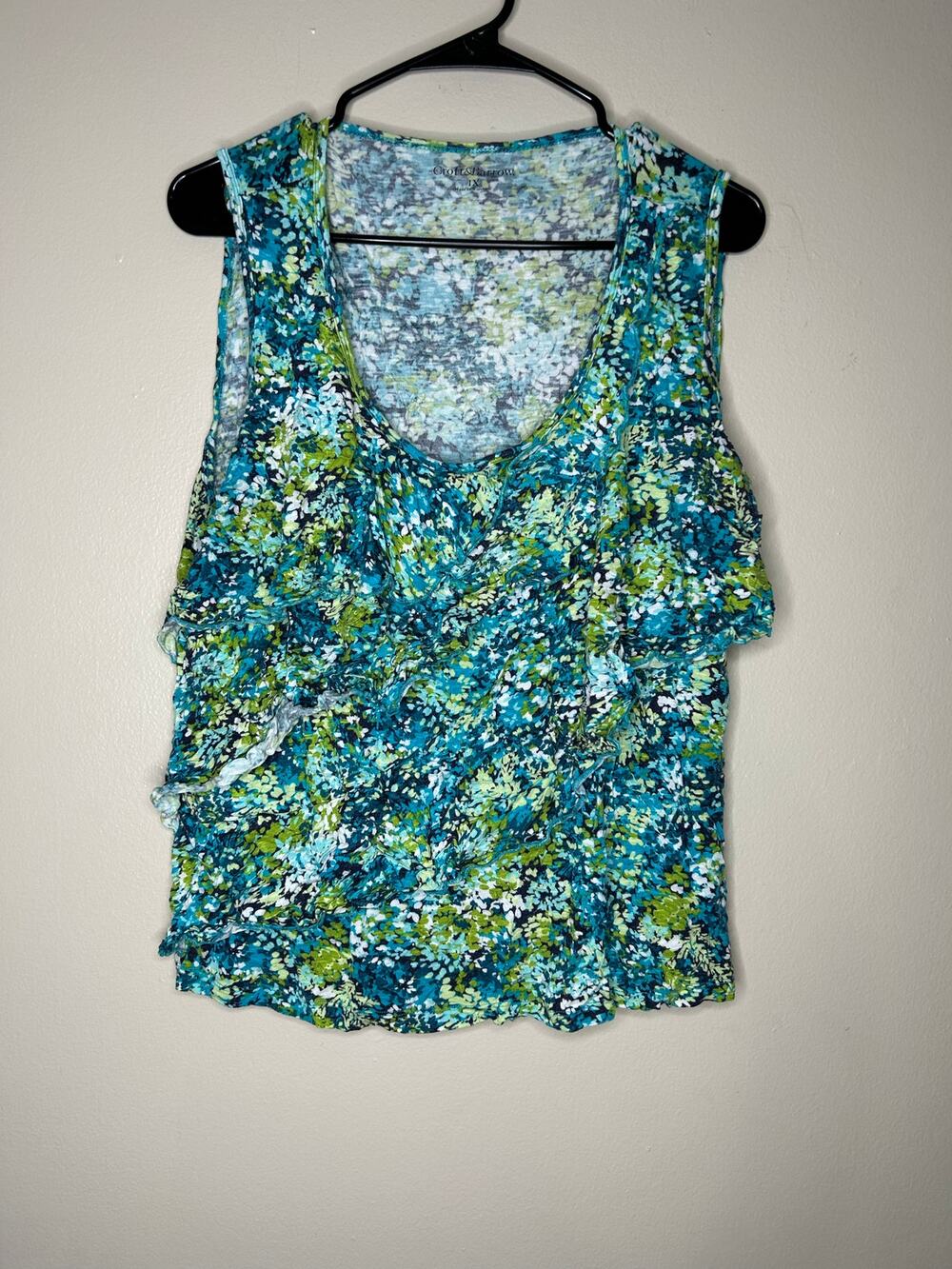 Women’s 1X Croft & Barrow Blue and Green Patterned Ruffled Tank Top Dressy Top